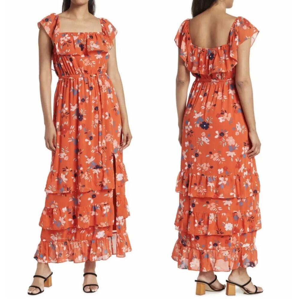 NWT DR2 Ruffle Tiered Floral Maxi Dress Bright Orange Belted Colorful Size XS